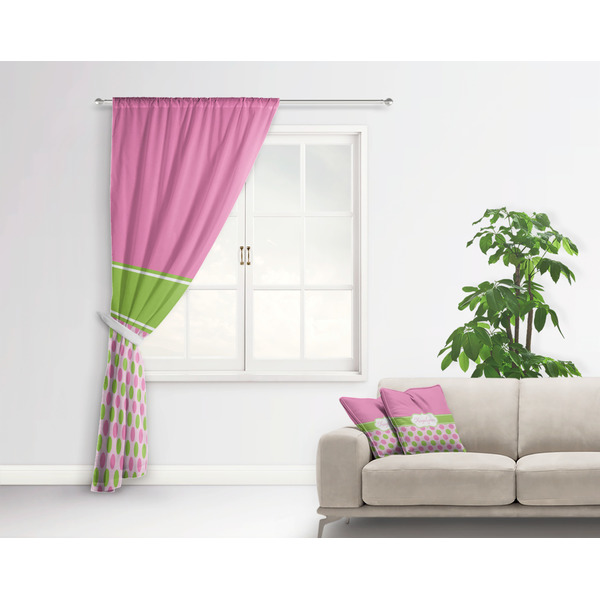Pink & Green Dots Curtain With Window and Rod - in Room Matching Pillow