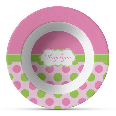 Pink & Green Dots Plastic Bowl - Microwave Safe - Composite Polymer (Personalized)