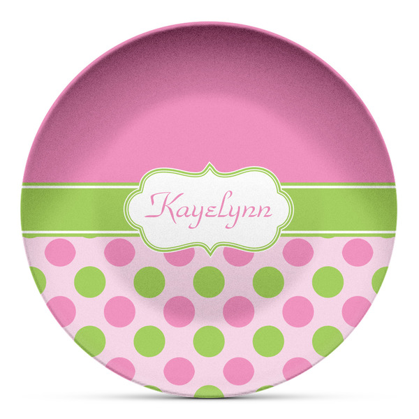 Custom Pink & Green Dots Microwave Safe Plastic Plate - Composite Polymer (Personalized)