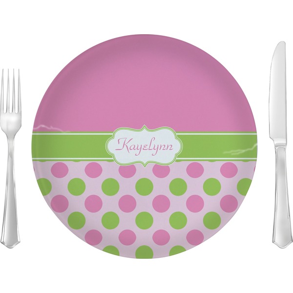 Custom Pink & Green Dots 10" Glass Lunch / Dinner Plates - Single or Set (Personalized)