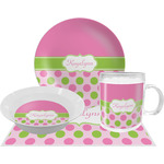 Pink & Green Dots Dinner Set - Single 4 Pc Setting w/ Name or Text
