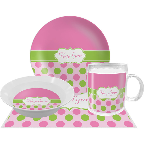 Custom Pink & Green Dots Dinner Set - Single 4 Pc Setting w/ Name or Text