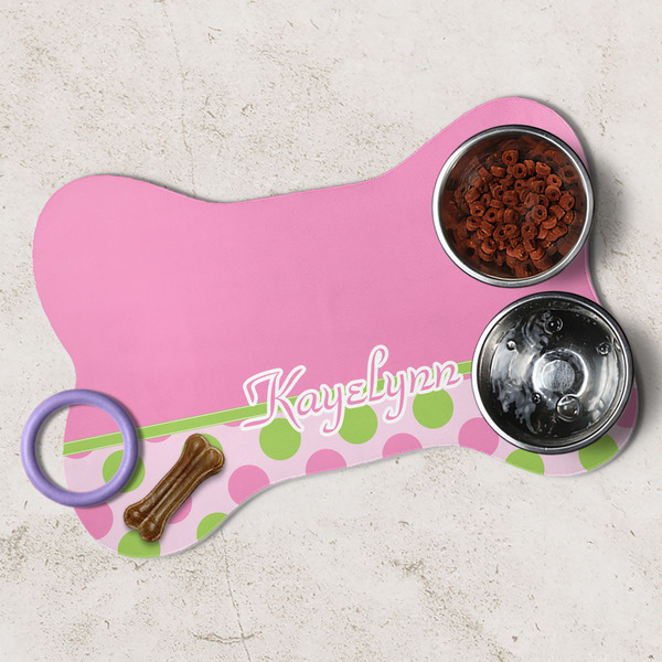 Pink & Green Dots Dog Bone Shaped Mat Lifestyle