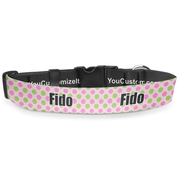 Custom Pink & Green Dots Deluxe Dog Collar - Medium (11.5" to 17.5") (Personalized)