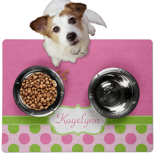 Custom Pink & Green Dots Dog Food Mat - Medium w/ Name or Text