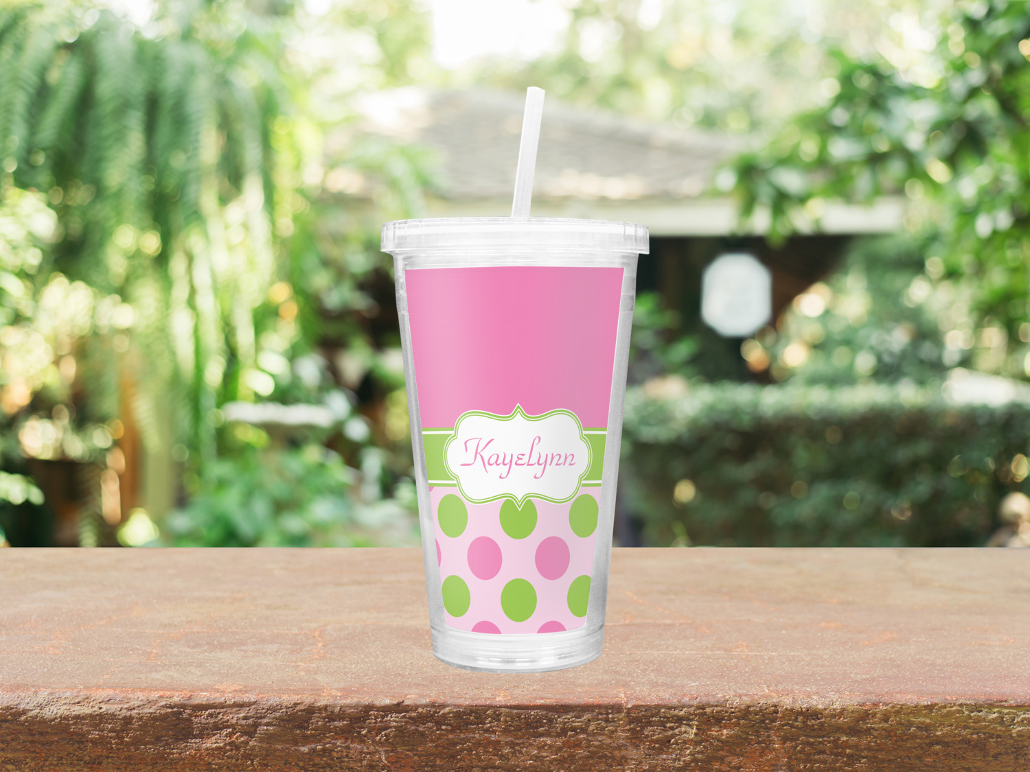 Pink & Green Dots Double Wall Tumbler with Straw (Personalized