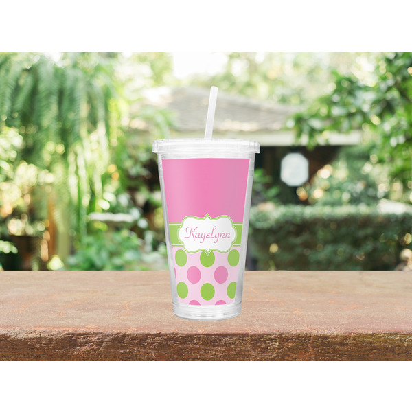 Pink & Green Dots Double Wall Tumbler with Straw Lifestyle