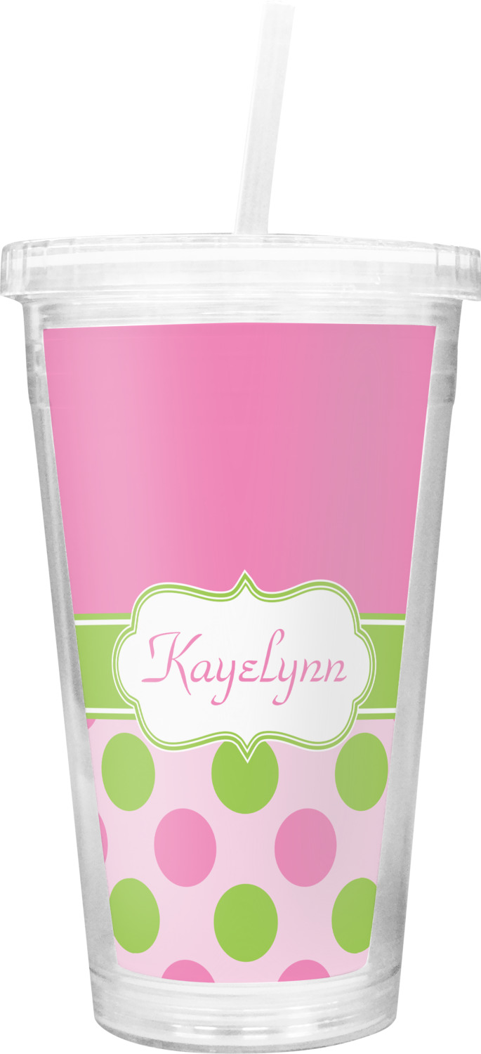 Pink & Green Dots Double Wall Tumbler with Straw (Personalized