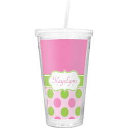 Pink & Green Dots Double Wall Tumbler with Straw (Personalized)