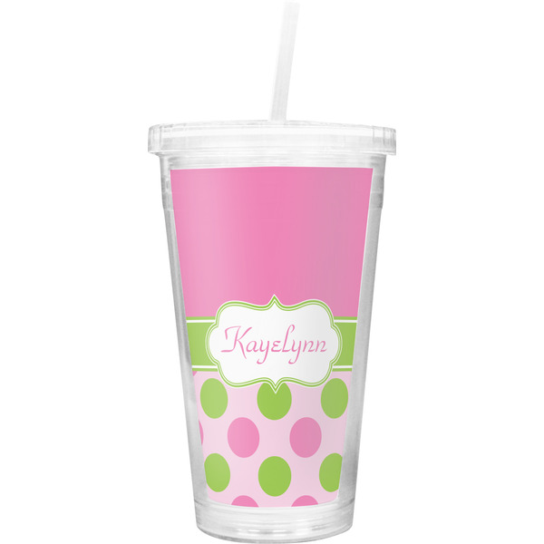 Custom Pink & Green Dots Double Wall Tumbler with Straw (Personalized)