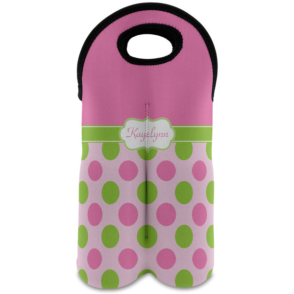 Custom Pink & Green Dots Wine Tote Bag (2 Bottles) w/ Name or Text