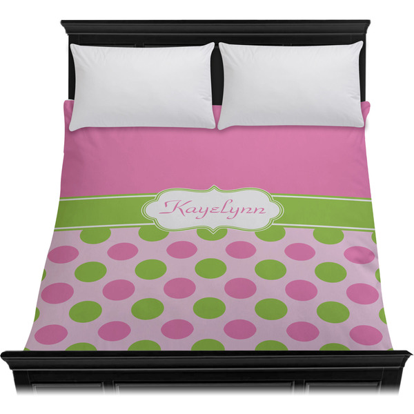 Pink & Green Dots Duvet Cover - Queen - On Bed - No Prop