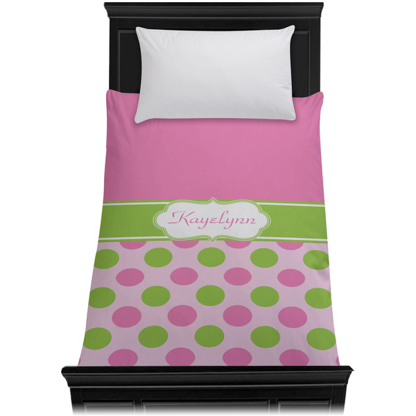 Pink & Green Dots Duvet Cover - Twin - On Bed - No Prop