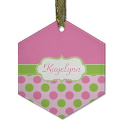 Pink & Green Dots Flat Glass Ornament - Hexagon w/ Name or Text