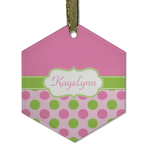 Custom Pink & Green Dots Flat Glass Ornament - Hexagon w/ Name or Text