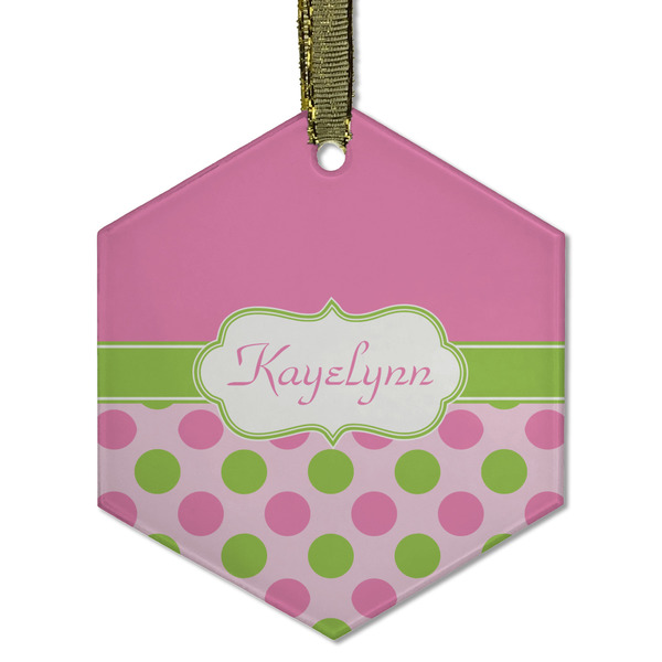 Pink & Green Dots Frosted Glass Ornament - Hexagon