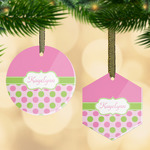 Pink & Green Dots Flat Glass Ornament w/ Name or Text