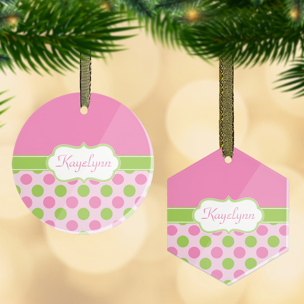 Custom Pink & Green Dots Flat Glass Ornament w/ Name or Text