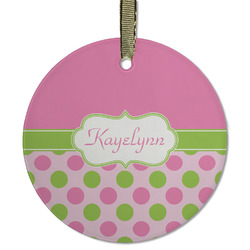 Pink & Green Dots Flat Glass Ornament - Round w/ Name or Text