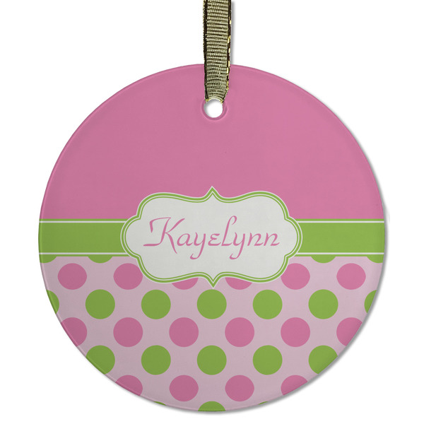 Custom Pink & Green Dots Flat Glass Ornament - Round w/ Name or Text