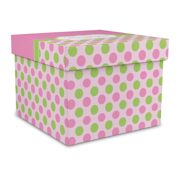 Custom Pink & Green Dots Gift Box with Lid - Canvas Wrapped - Large (Personalized)