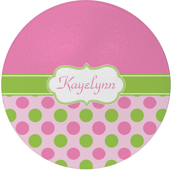 Custom Pink & Green Dots Round Glass Cutting Board - Medium (Personalized)
