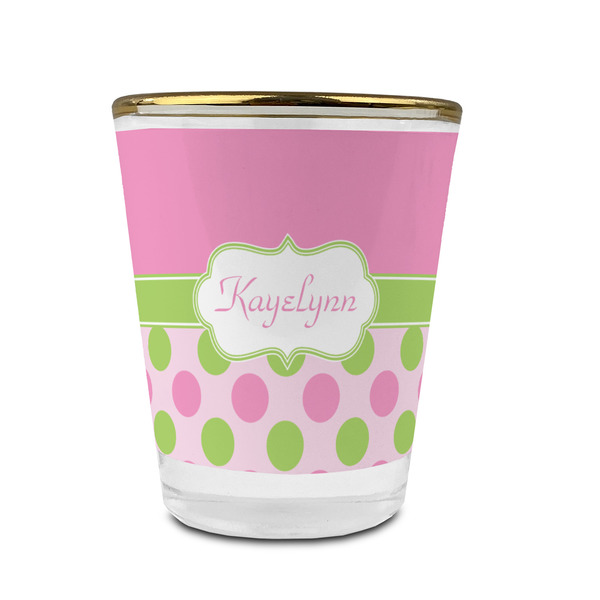Custom Pink & Green Dots Glass Shot Glass - 1.5 oz - with Gold Rim - Single (Personalized)