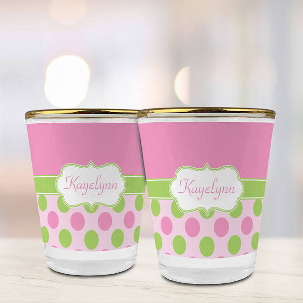 Pink & Green Dots Glass Shot Glass - with gold rim - LIFESTYLE