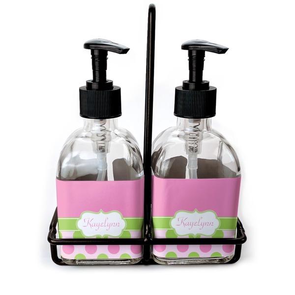 Custom Pink & Green Dots Glass Soap & Lotion Bottle Set (Personalized)