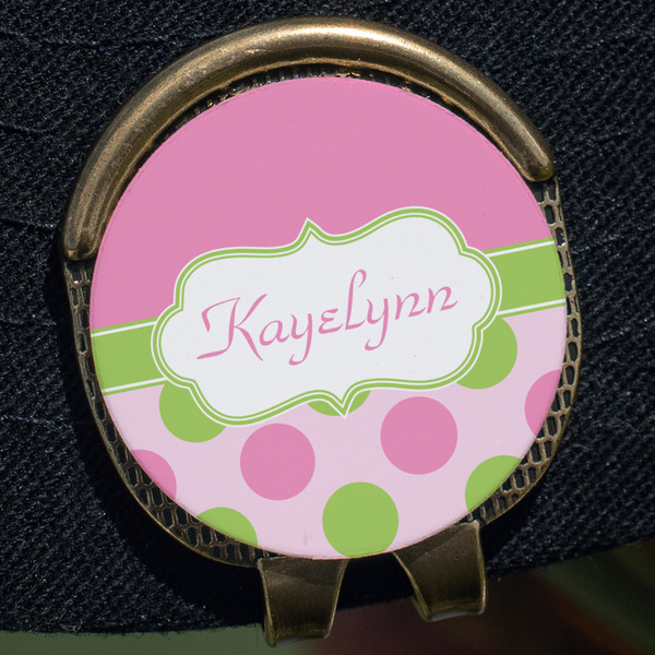 Pink & Green Dots Golf Ball Marker Hat Clip - Gold - Close Up