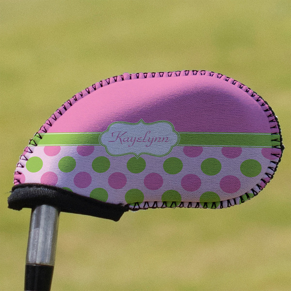 Custom Pink & Green Dots Golf Club Iron Cover (Personalized)
