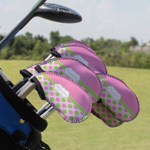 Custom Pink & Green Dots Golf Club Iron Cover - Set of 9 (Personalized)