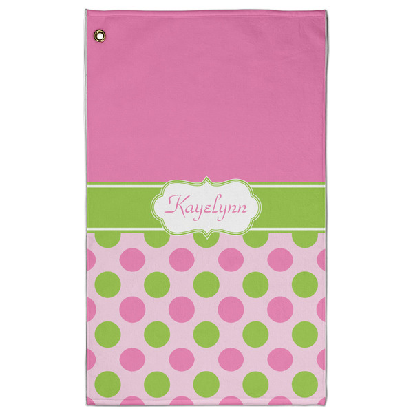 Custom Pink & Green Dots Golf Towel - Poly-Cotton Blend w/ Name or Text
