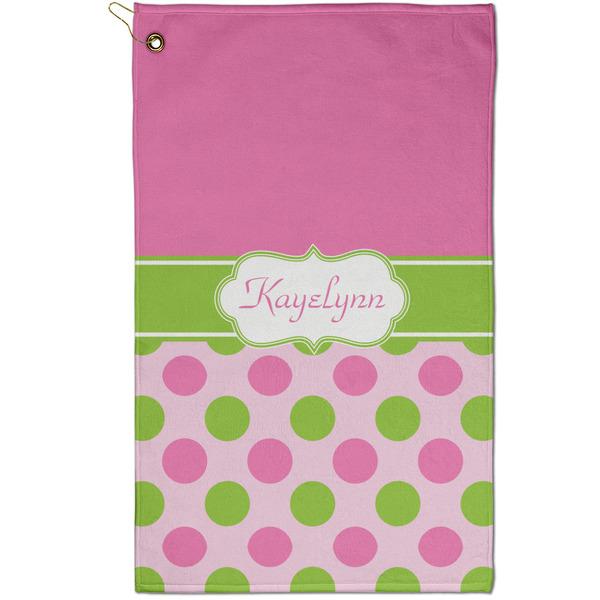 Custom Pink & Green Dots Golf Towel - Poly-Cotton Blend - Small w/ Name or Text