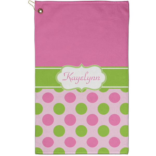 Custom Pink & Green Dots Golf Towel - Poly-Cotton Blend - Small w/ Name or Text