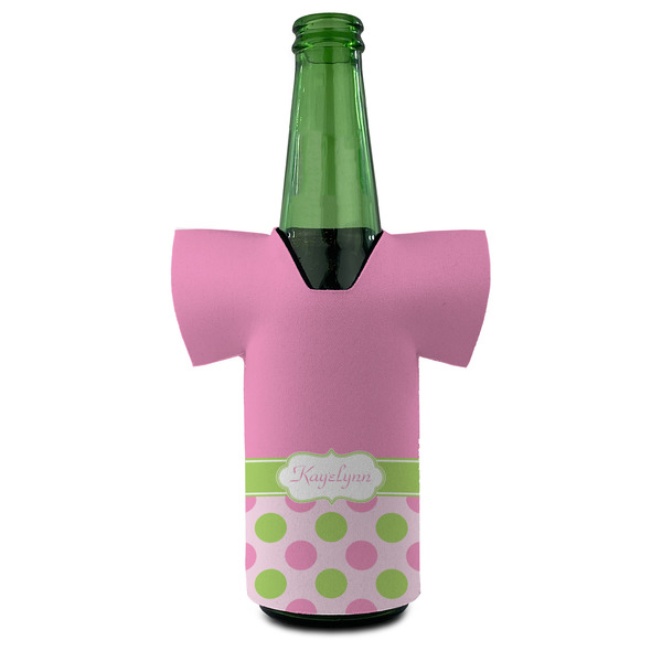 Pink & Green Dots Jersey Bottle Cooler - Set of 4 - FRONT (on bottle)