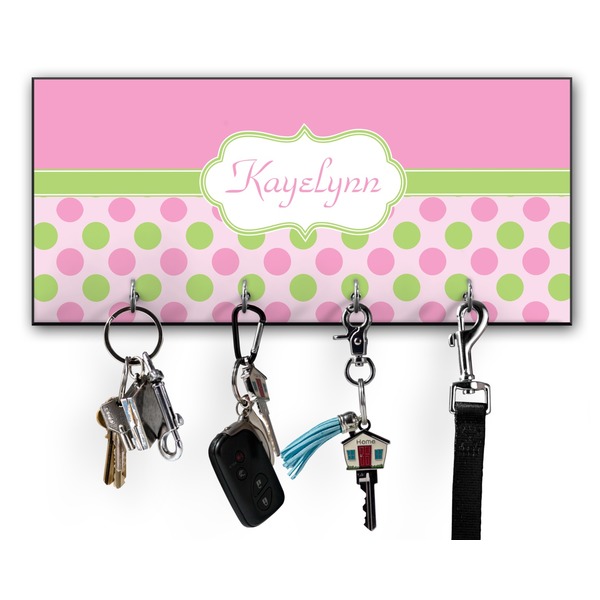 Custom Pink & Green Dots Key Hanger w/ 4 Hooks w/ Name or Text