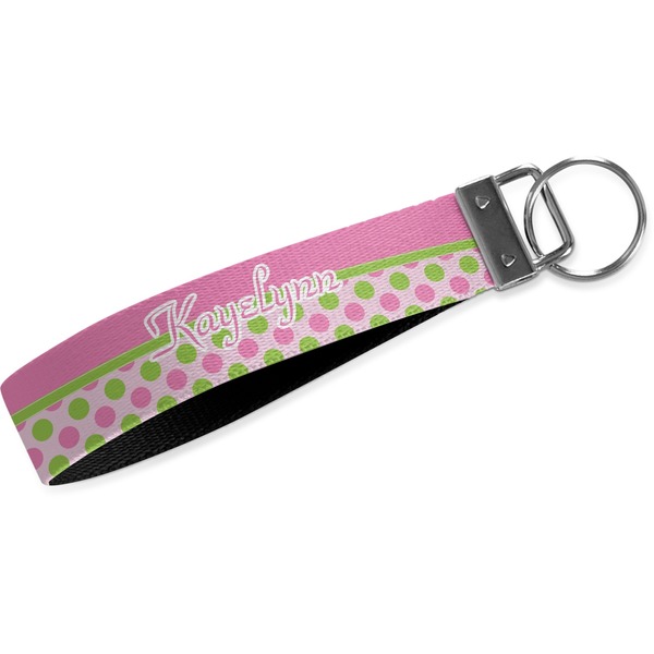 Custom Pink & Green Dots Wristlet Webbing Keychain Fob (Personalized)