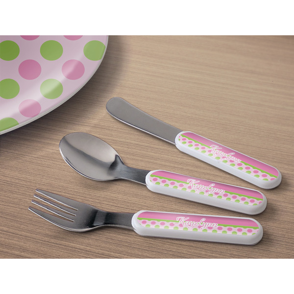 Pink & Green Dots Kids Flatware w/ Plate