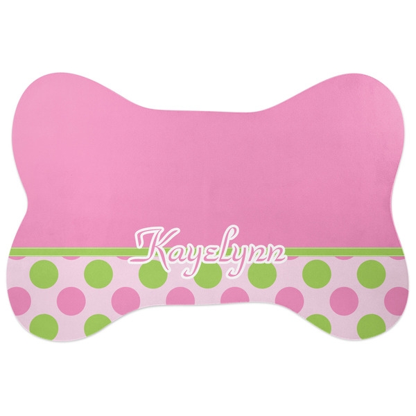 Custom Pink & Green Dots Bone Shaped Dog Food Mat (Large) (Personalized)