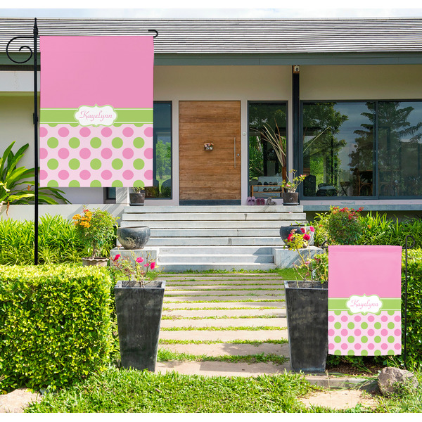 Custom Pink & Green Dots Large Garden Flag - Single Sided (Personalized)
