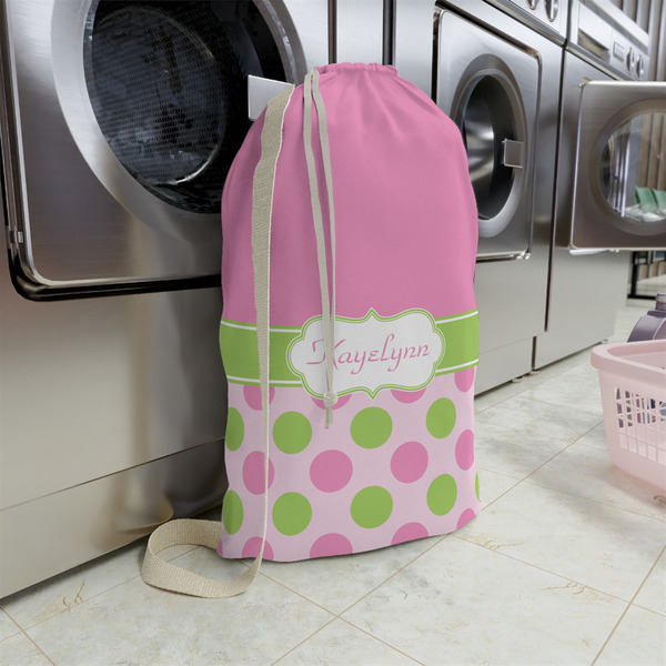 Pink & Green Dots Large Laundry Bag - In Context