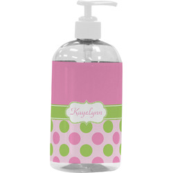 Pink & Green Dots Plastic Soap / Lotion Dispenser (16 oz - Large - White) (Personalized)