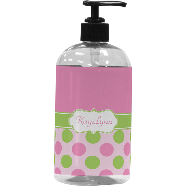 Custom Pink & Green Dots Plastic Soap / Lotion Dispenser (16 oz - Large - Black) (Personalized)