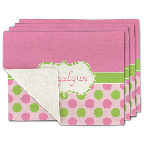 Custom Pink & Green Dots Single-Sided Linen Placemat - Set of 4 w/ Name or Text