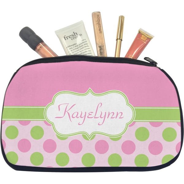 Custom Pink & Green Dots Makeup / Cosmetic Bag - Medium (Personalized)