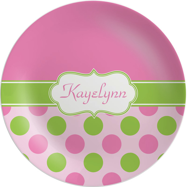 Custom Pink & Green Dots Melamine Plate (Personalized)