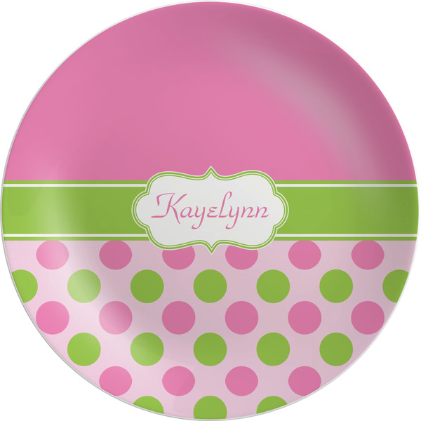 Custom Pink & Green Dots Melamine Plate - 10" (Personalized)