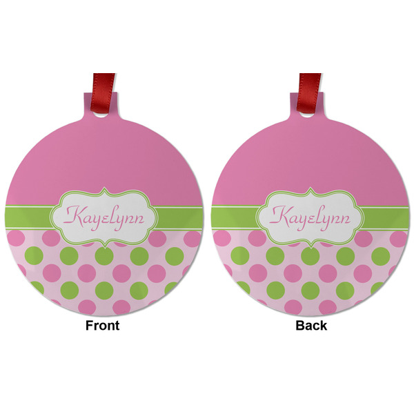 Pink & Green Dots Metal Ball Ornament - Front and Back
