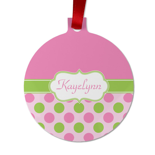 Custom Pink & Green Dots Metal Ball Ornament - Double Sided w/ Name or Text